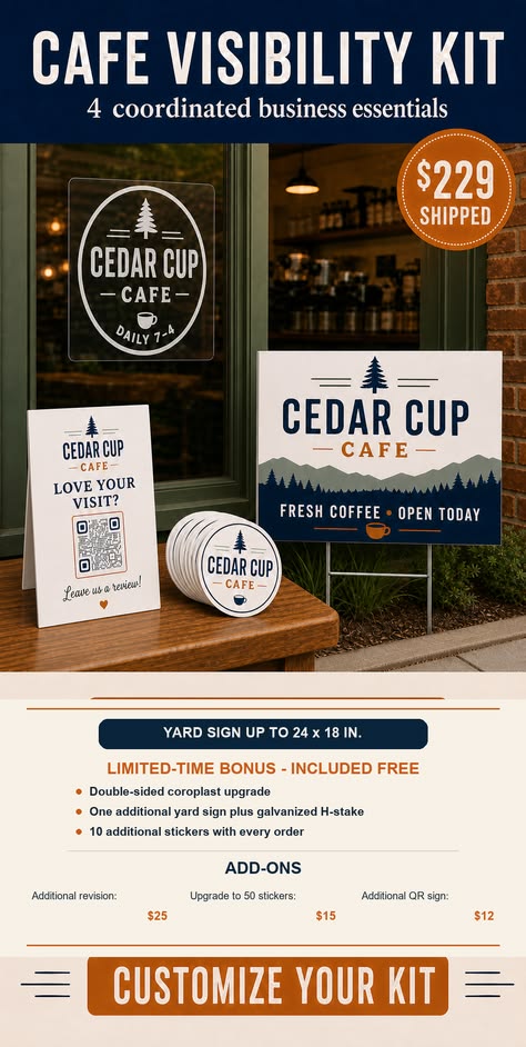 Coordinated small-business visibility package with storefront graphic, QR display, stickers, and yard signs