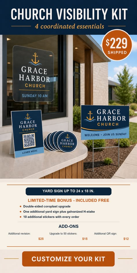 Representative church visibility kit with coordinated storefront, QR, sticker, and yard-sign elements