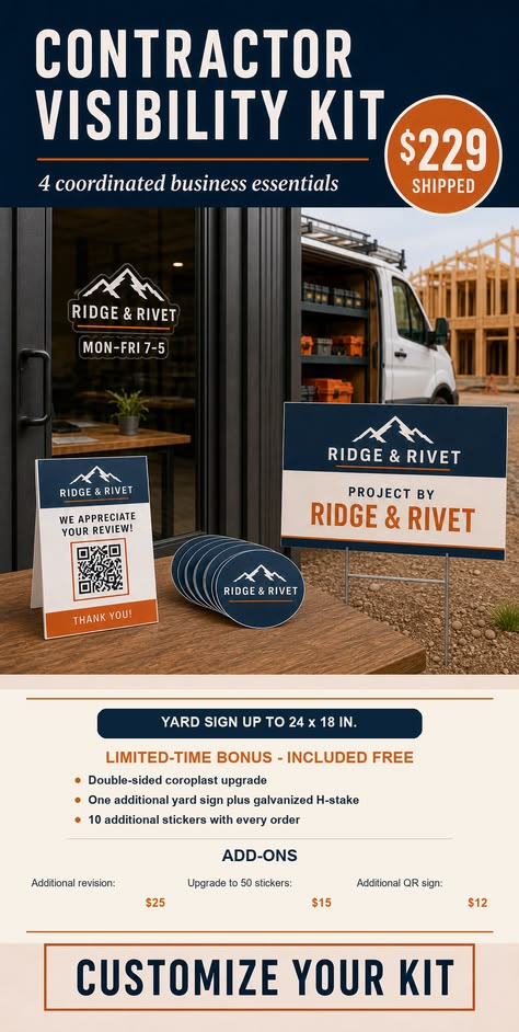 Representative contractor visibility kit with coordinated storefront, QR, sticker, and yard-sign elements