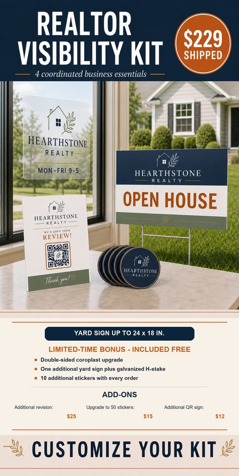 Coordinated real-estate route package with open-house signs, stakes, QR displays, and stickers