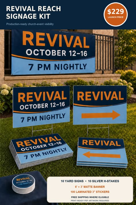 Coordinated revival event package with banner, directional yard signs, stakes, and stickers