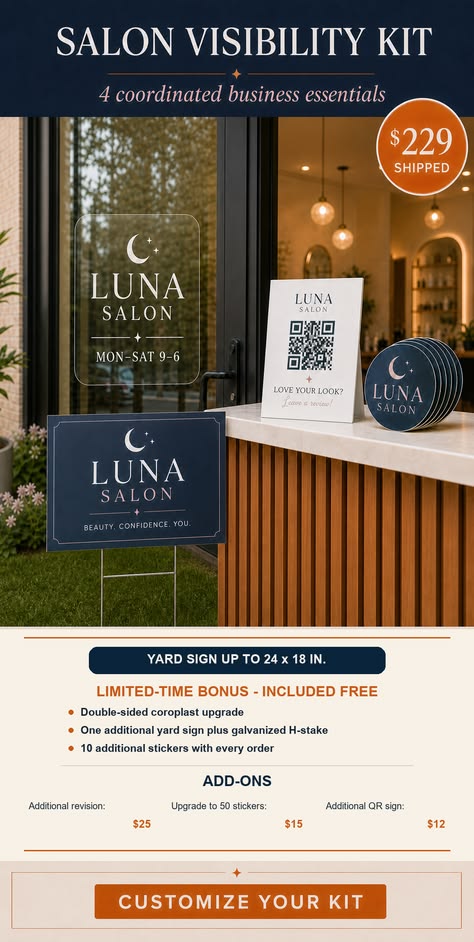 Representative salon visibility kit with coordinated storefront, QR, sticker, and yard-sign elements