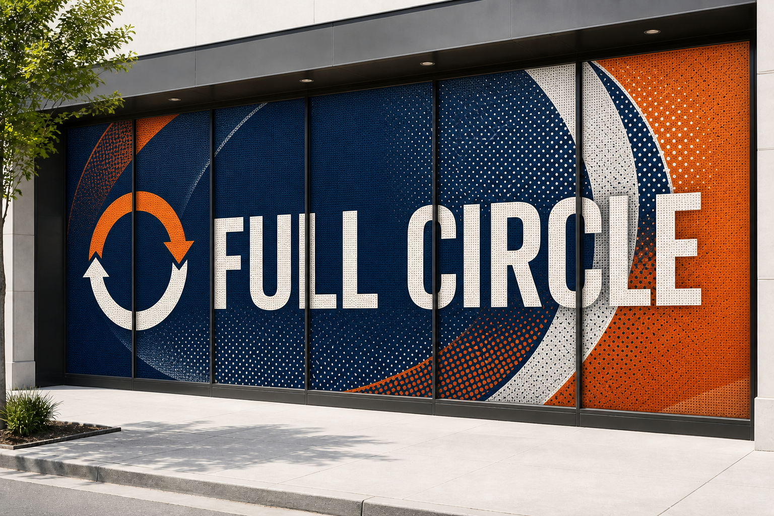 Full-color exterior view of perforated window graphics